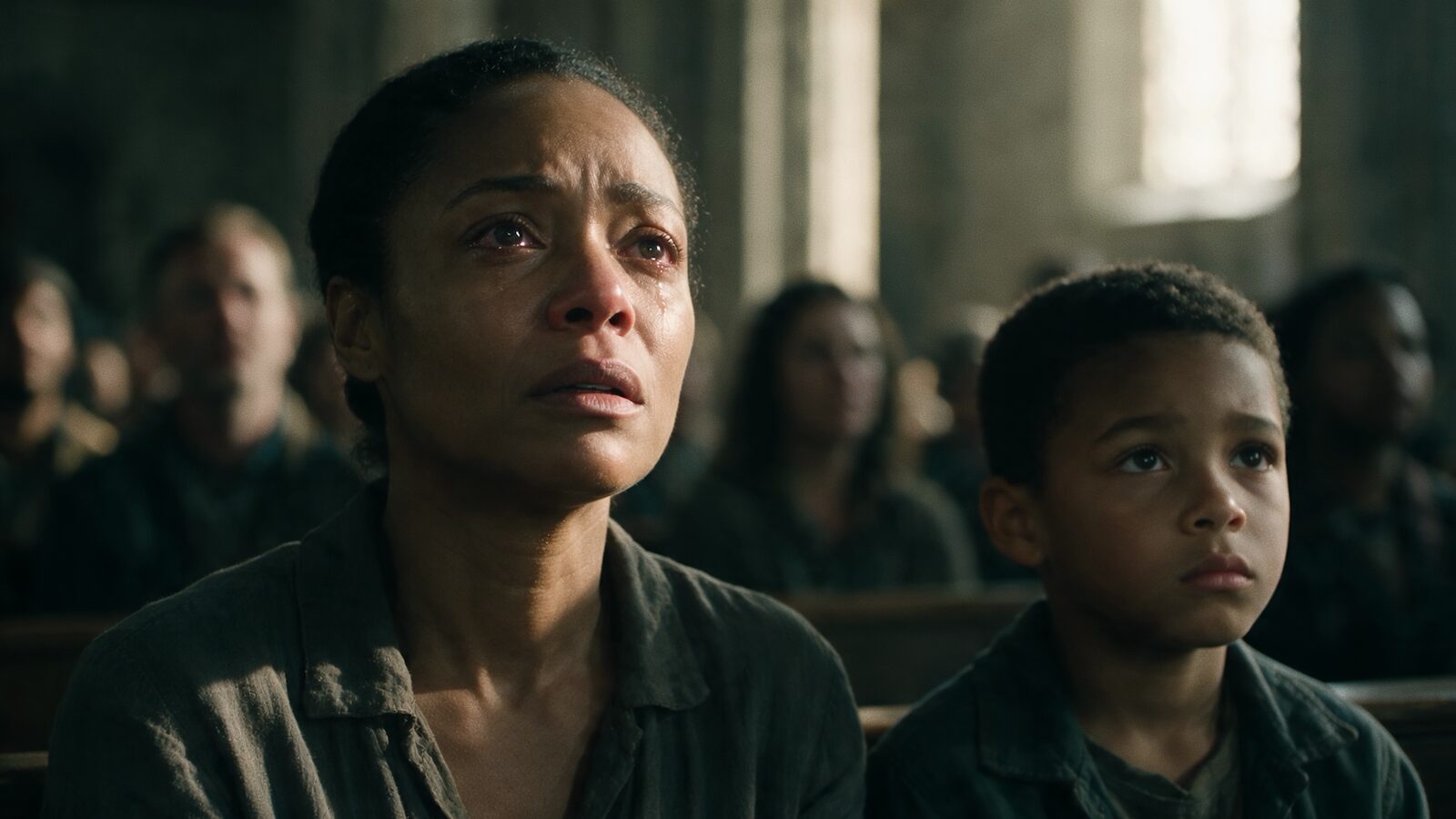 A tearful woman and a young boy in a pew, looking up.