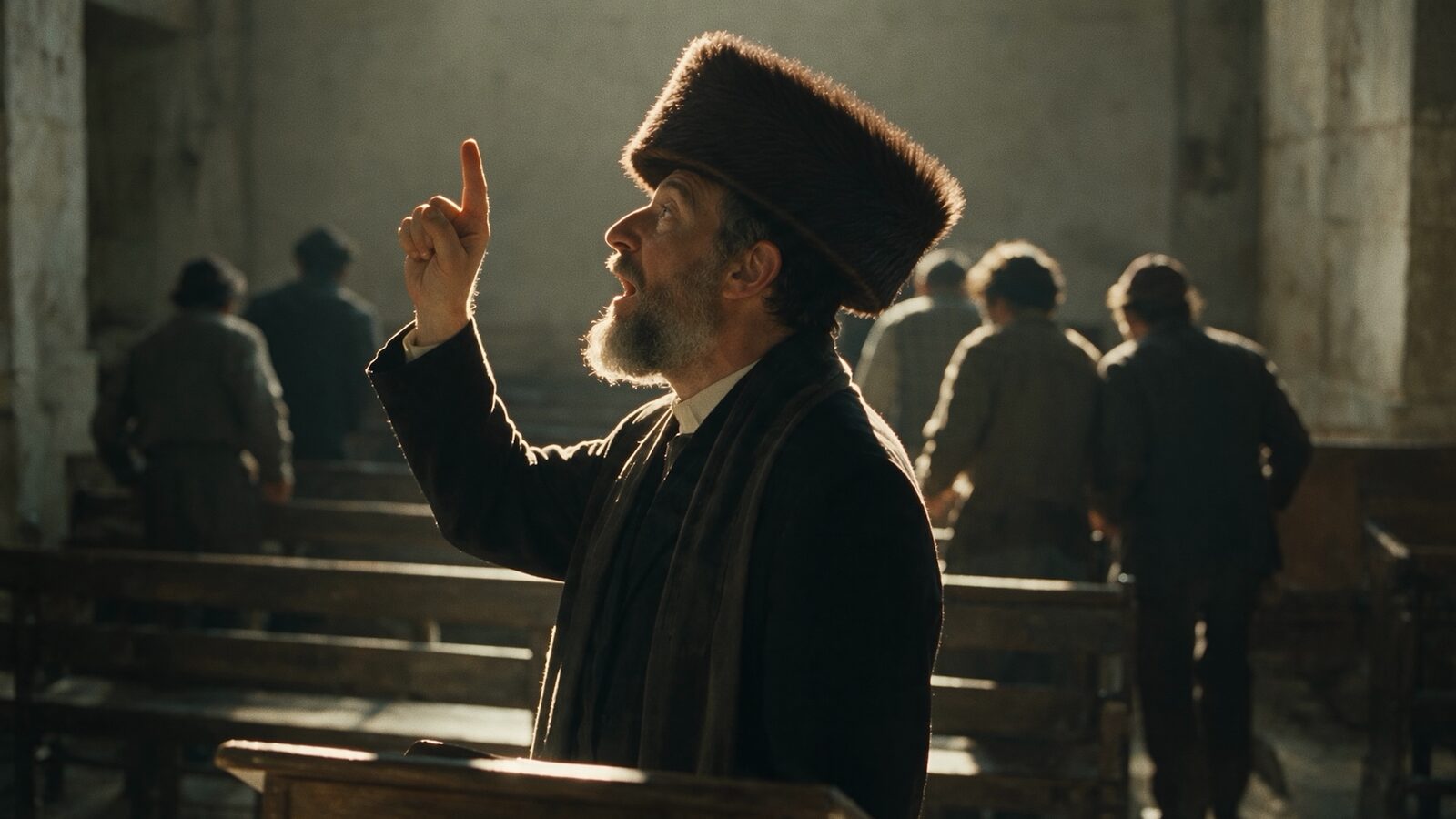 A rabbi in a fur hat raising a finger as men walk past.