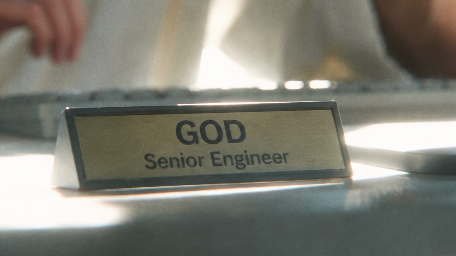 A brass desk nameplate: God, Senior Engineer.