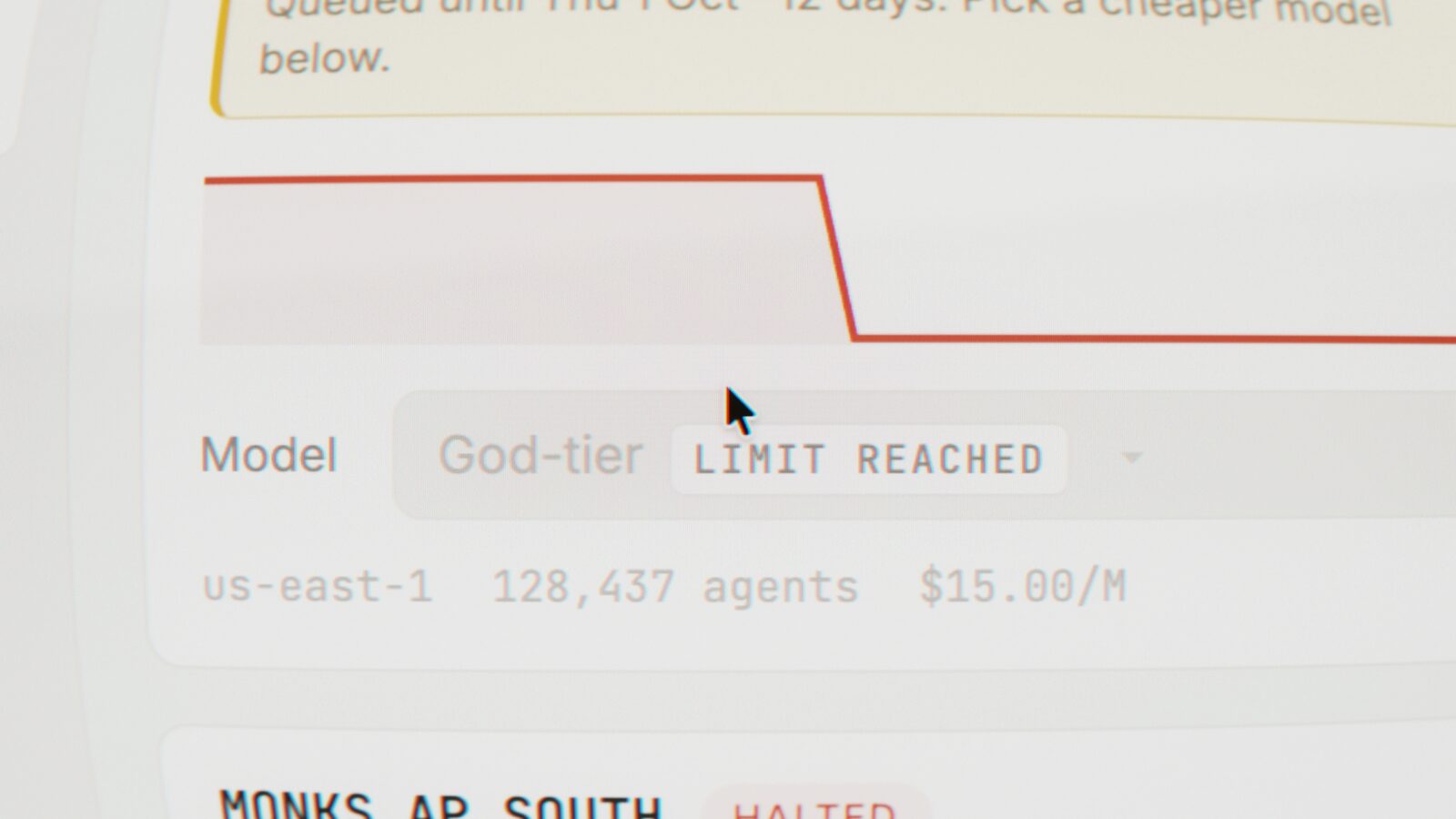 A usage graph falling to zero beside the God-tier model, limit reached.
