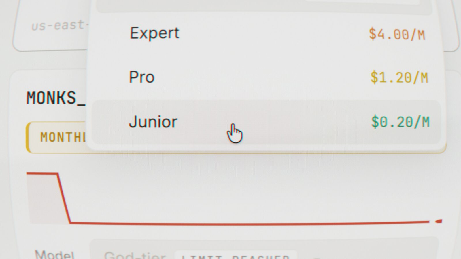 A model menu, Expert, Pro and Junior, the cursor on Junior at twenty cents per million.